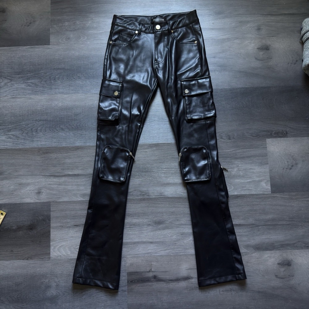 Pheelings Mens Never Look Back Cargo Flare Stack Leather Pants Black Size 30x34